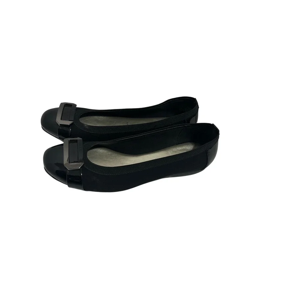 Anne‎ Klein iFlex Black Fabric Patent Buckle Ballet Flats Womens 8.5M